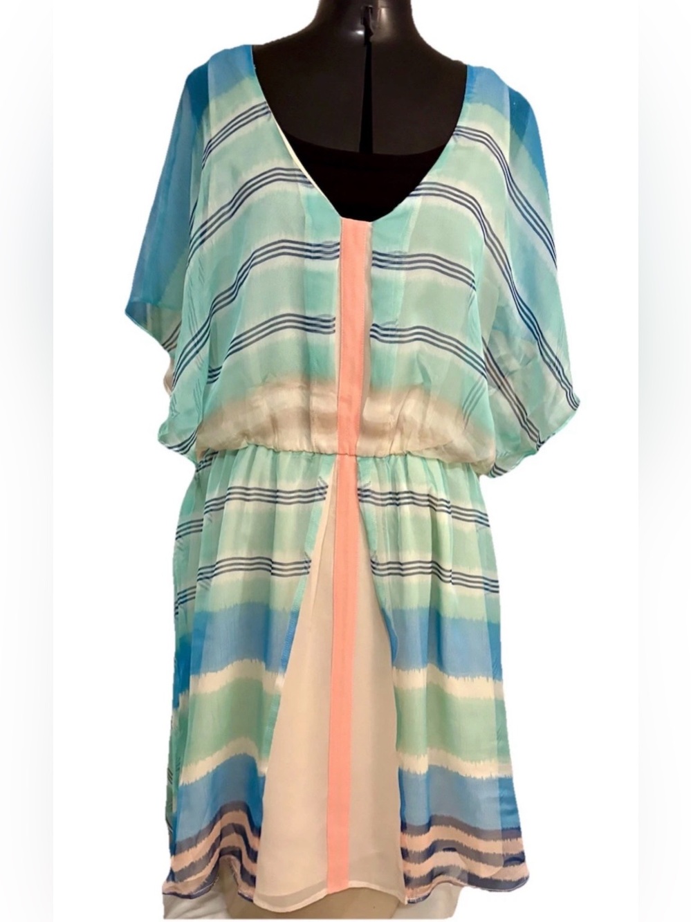 Meadow Rue Anthropologie Decatur Striped Chiffon Blue Pink Dress Sz Medium